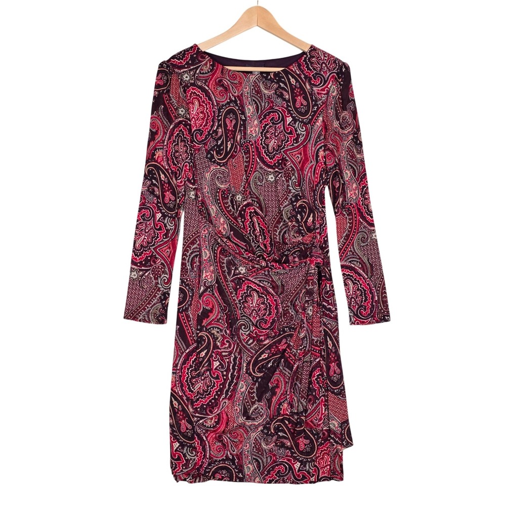 NWT Tommy Hilfiger Women's Burgundy Multi Paisley Long Sleeve Sheath Dress 14